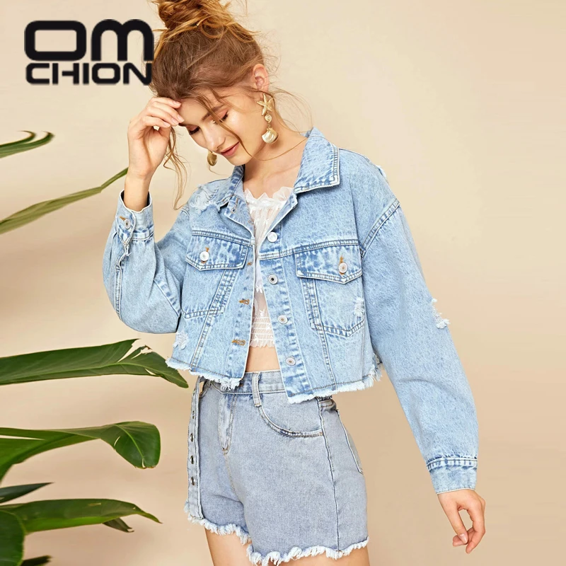 

OMCHION Spring And Autumn Coat 2021 Perforated Rough Edge Cropped Denim Jacket Women Chic Casual Loose Short Jeans Jacket JT83