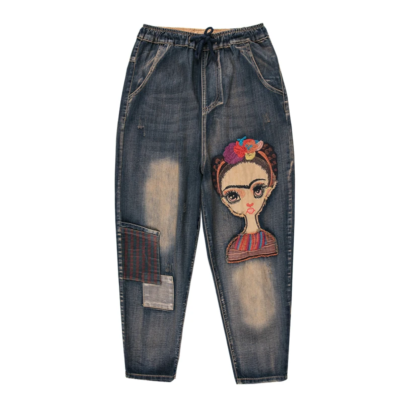 

Denim Harem Pant Office Lady Oversize Casual Jean 2021 Spring Women Fashion Korea Style Elastic Waist Cartoon Embroidery