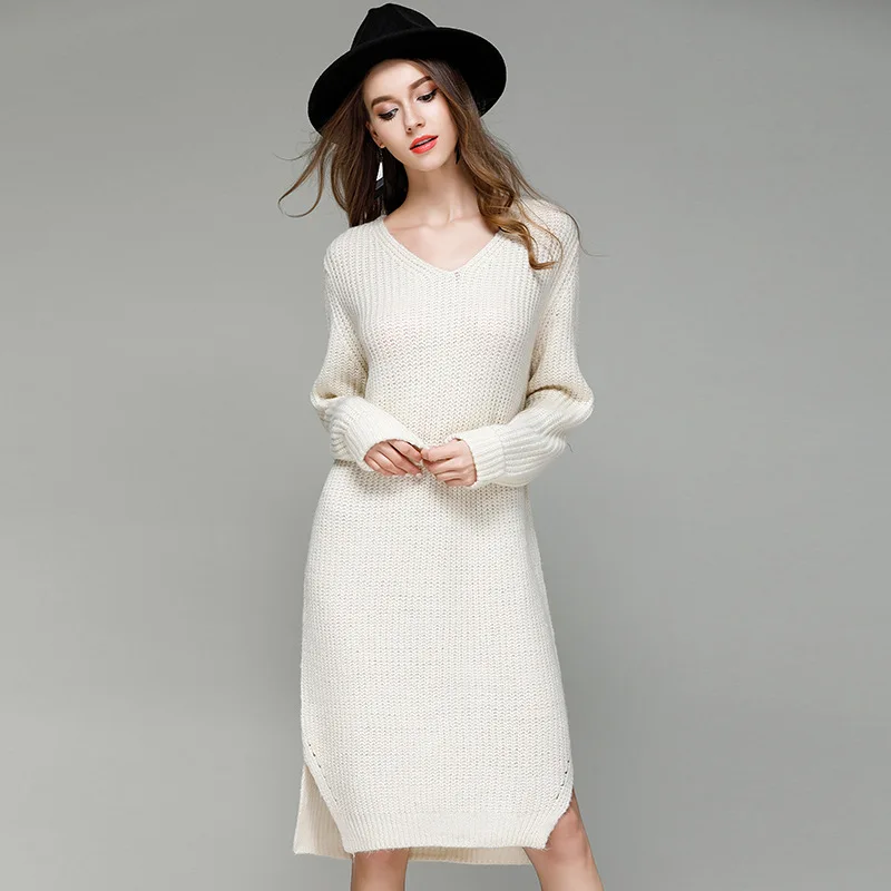 

2019 new knitting dress loose big yards long v-neck render unlined upper garment sweater