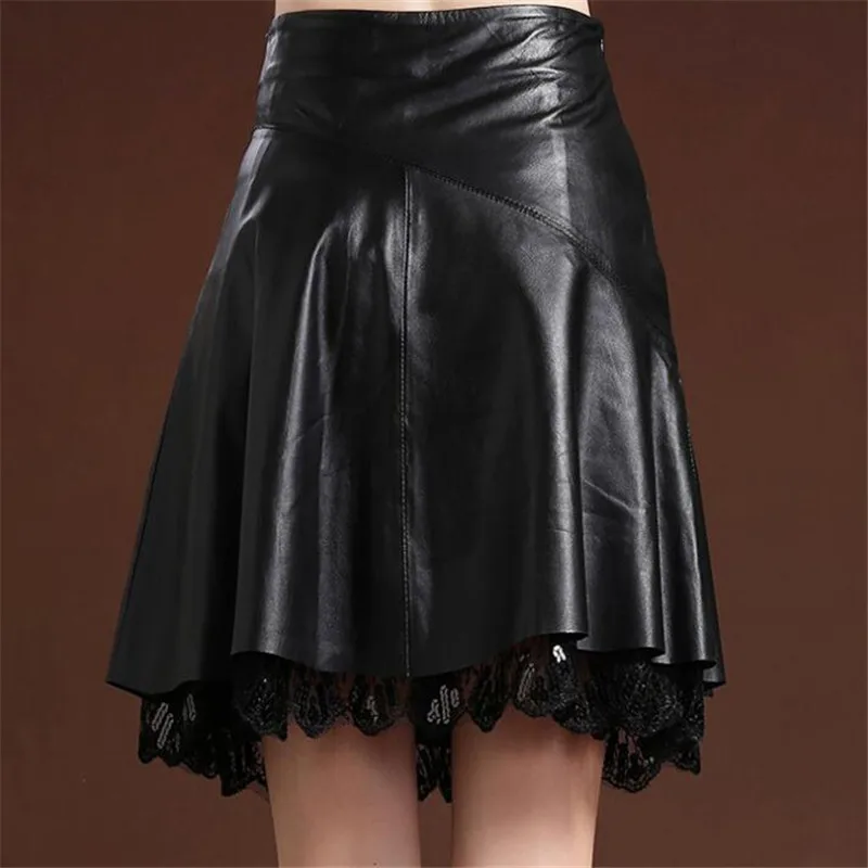 Hot Promotional High Waist Short Pleated Skirt 2022 New PU Leather Lace Stitching Fashion Black Women | Женская одежда