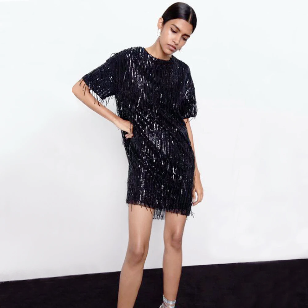 Женское платье с коротким рукавом блестками и бахромой модное женское