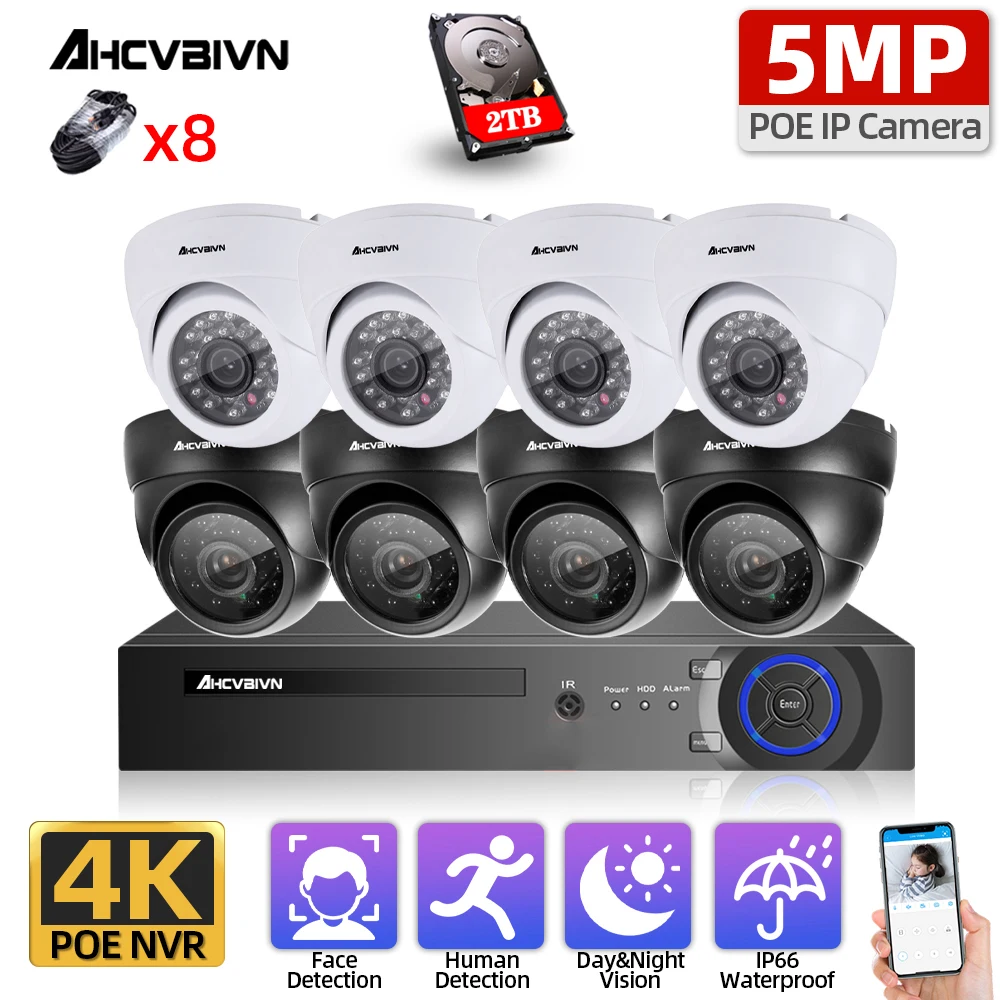 

Система видеонаблюдения, 8 каналов, POE NVR, купольная IP-камера, 4 канала, уличная Водонепроницаемая камера видеонаблюдения 5 Мп