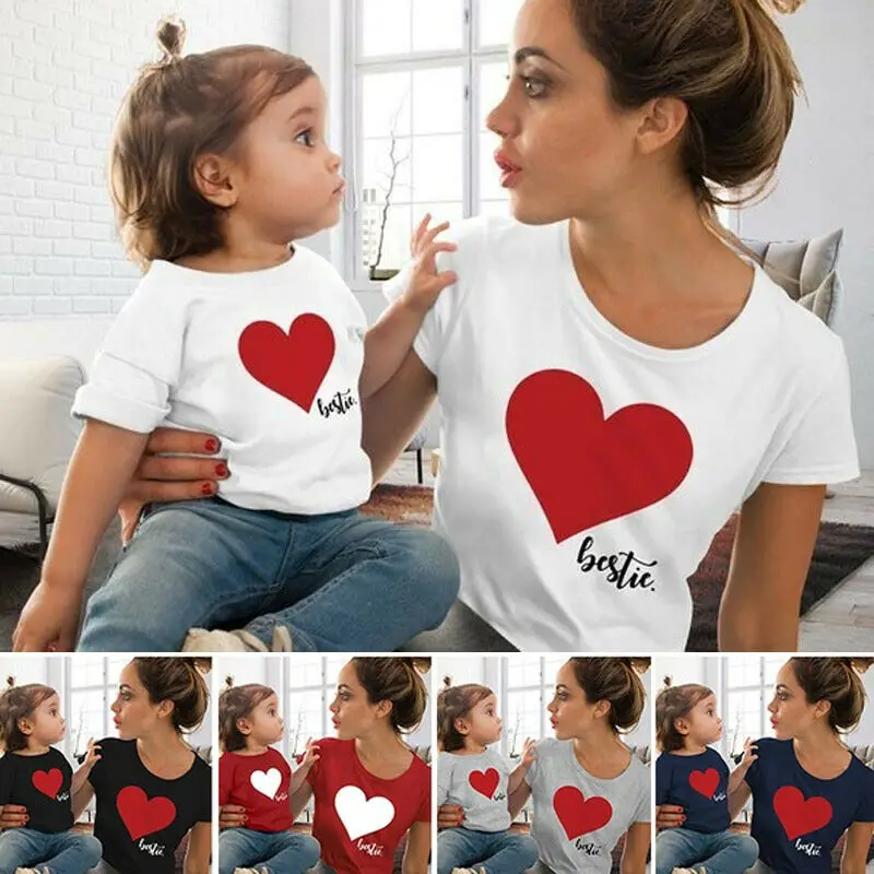 

Mon Daughter T-shirt Family Outfits Clothes Mother Kids Girls Heart Print Matching T-shirt Women Girls Short Sleeve Tops