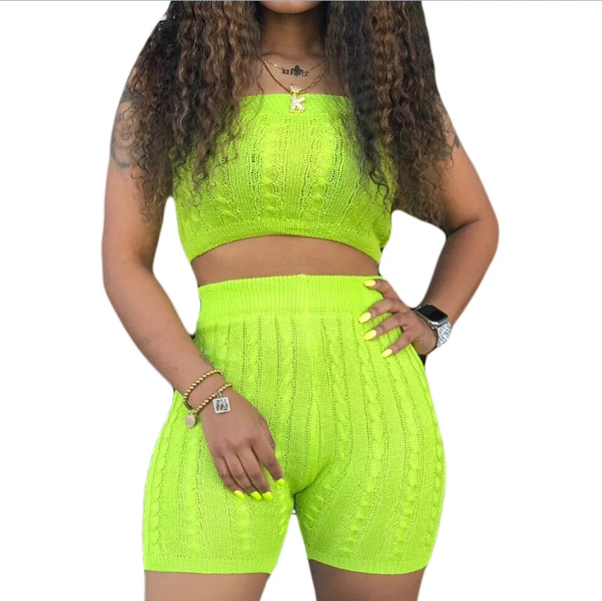

Women Summer Strapless Crop Top and Shorts candy color sleeveless wild sweater woman sexy solid two piece set Casual Outfit