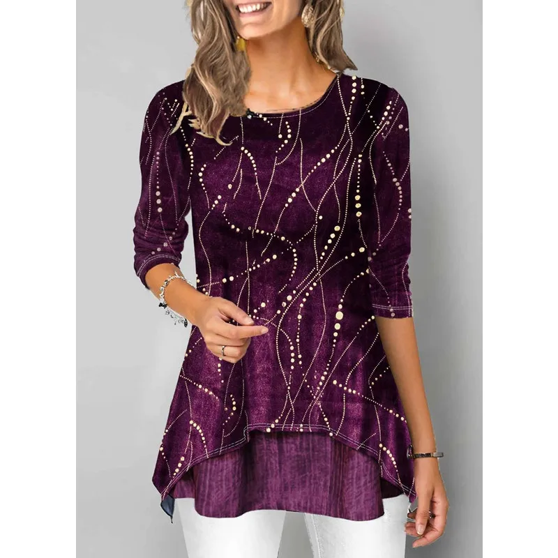 YELITE 2020 новые женские модные топы 3/4 рукав круглый вырез принт Повседневная