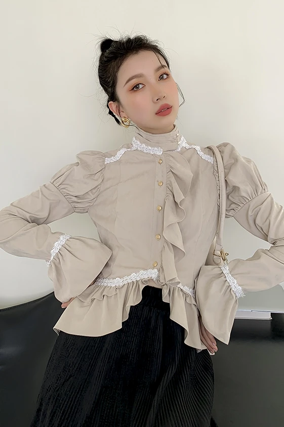

2021 Women's Autumn and Winter Court Puff Sleeve Ribbon Lace Half Turtleneck Shirt Versatile Chic Top Button Up Shirt