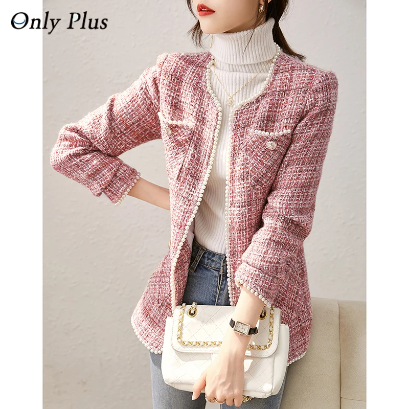

Женская шерстяная куртка в клетку EVNISIPink, осенне-зимнее французское женское модное спортивное пальто с бисером, элегантные офисные женские куртки
