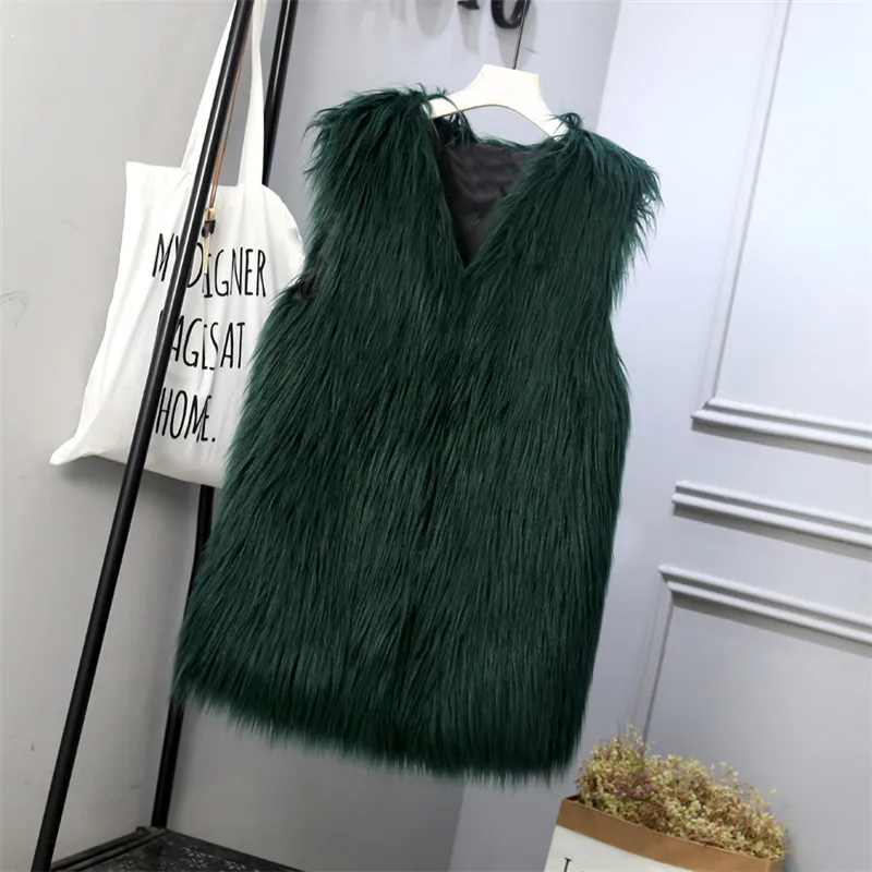 dark green Новинка S/3Xl женские длинные жилеты из искусственного меха зима-осень пушистые меховые куртки без рукавов с v-образным вырезом Модные жилеты из искусственного меха J3047 - Цвет: dark green
