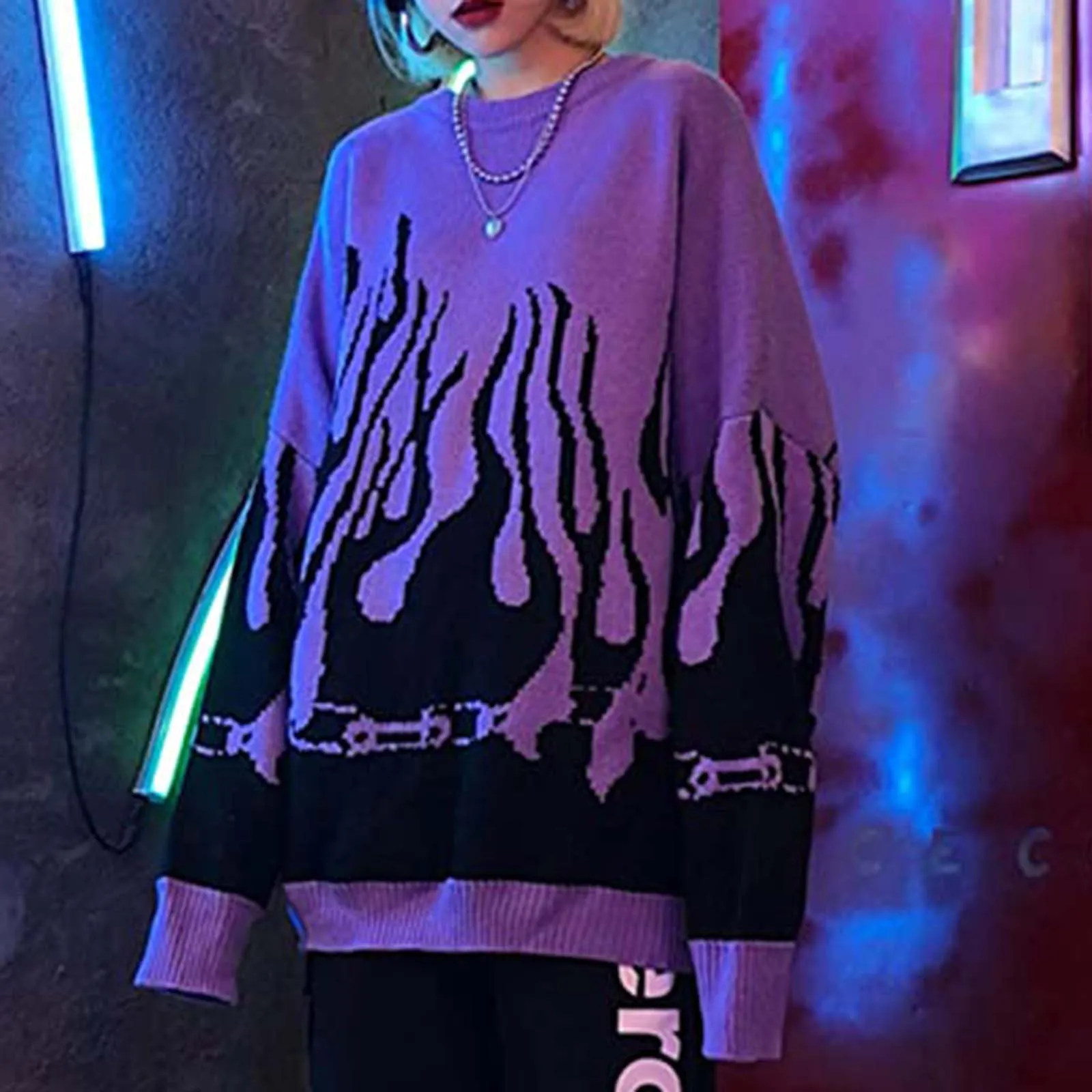 Свитер в стиле хип-хоп мужской женский синий вязаный оверсайз Harajuku уличная