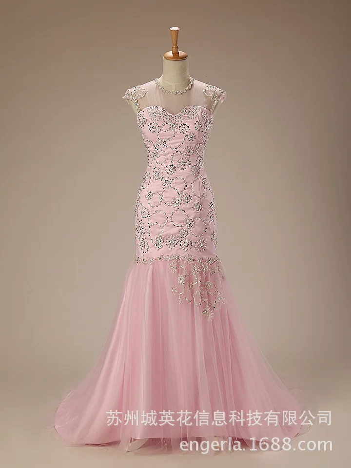 

Halter Pink Mermaid Crystal Tulle Evening Dresses Sexy Prom Gowns vestido de festa robe de soiree Party dress