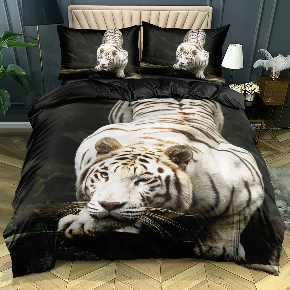 

Simple Bedding Sets White Tiger Bed Linen Single Double Quilt Cover Queen King Size Black Duvet Cover Sets Bedding Set for Boys