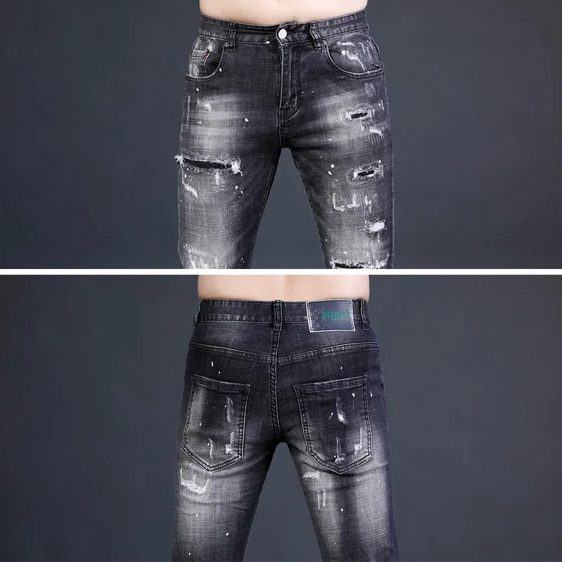 2022 Summer Black Ripped Jeans Men Slim Fit Pants White Splash Print Jean Streetwear Casual Stretch Patches Denim Trousers