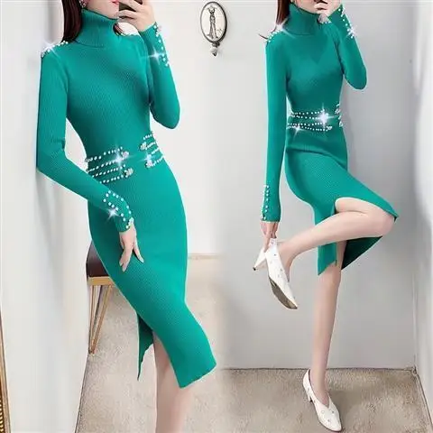 

Women 2021 Spring Autumn Bodycon Midi Dress Female Knitted Long Sleeve Dresses Ladies Casual Solid Color Clothes Vestidos C254