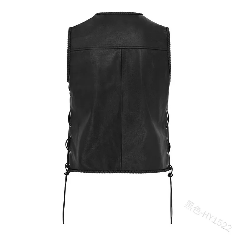 

Women Leather Vest Three-dimensional Patch Pockets V-neck Single-breasted Side Straps Short Straight Hem Solid Sleeveless Top