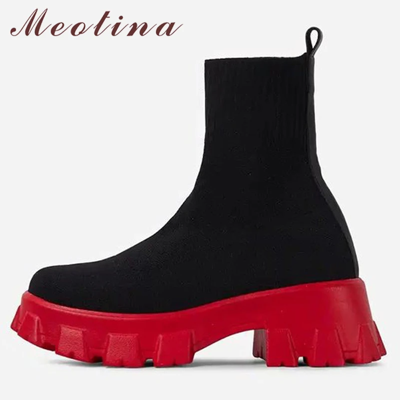 

Meotina Round Toe Thick High Heel Platform Ladies Boots Women Sock Boots Fashion Ankle Boots Autumn Winter Black White Red 43