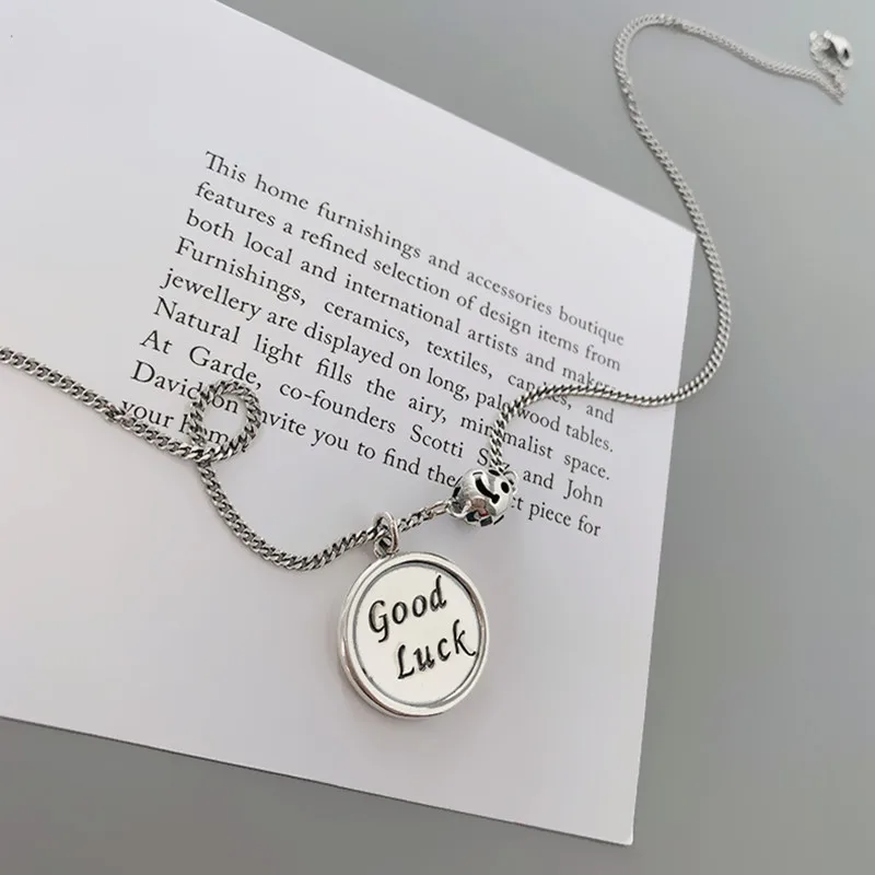 

Good Luck Letter Clavicle 925 Sterling Silver Necklace For Women Korean Round Smile Face Retro Thai Silver Jewelry