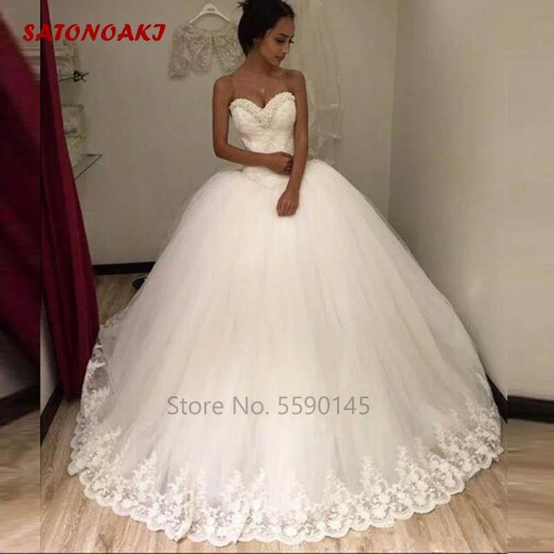 

New Sexy 2020 White Ball Gown Wedding Dress Beaded Lace Tulle Sweetheart Bridal Vestido De Novia Robe Mariage Undefined Online