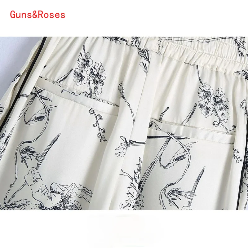 

Women Chic Fashion Floral Print Wide Leg Pants Vintage High Elastic Waist Side Pockets Female Trousers Mujer