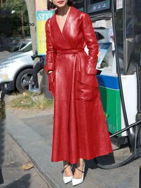 

Women's Super Long Mesh PU Suit Collar Leather Jacket