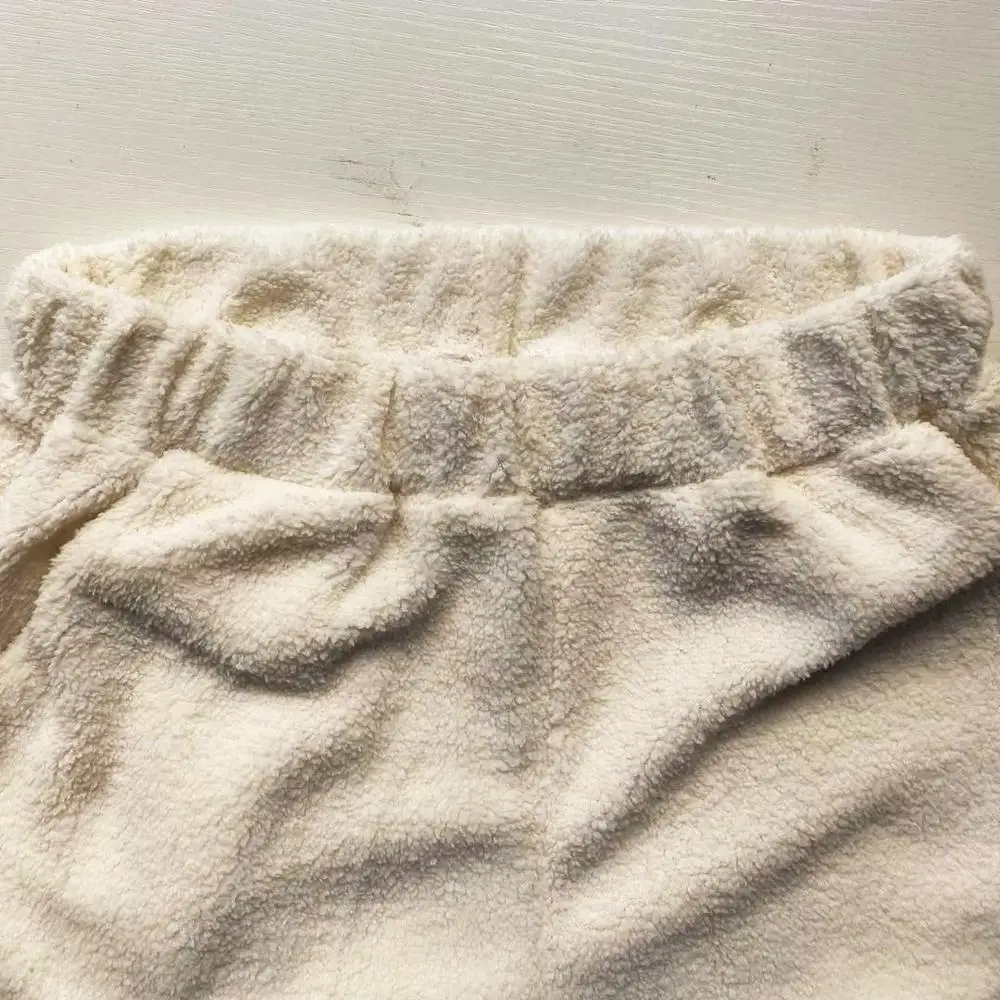 

Puffy Velvet Solid Long Sleeve 2 Piece Sets Women Crop Top+Long Pants Casual Winter Sweater Suits Club Sexy White Outfits Black