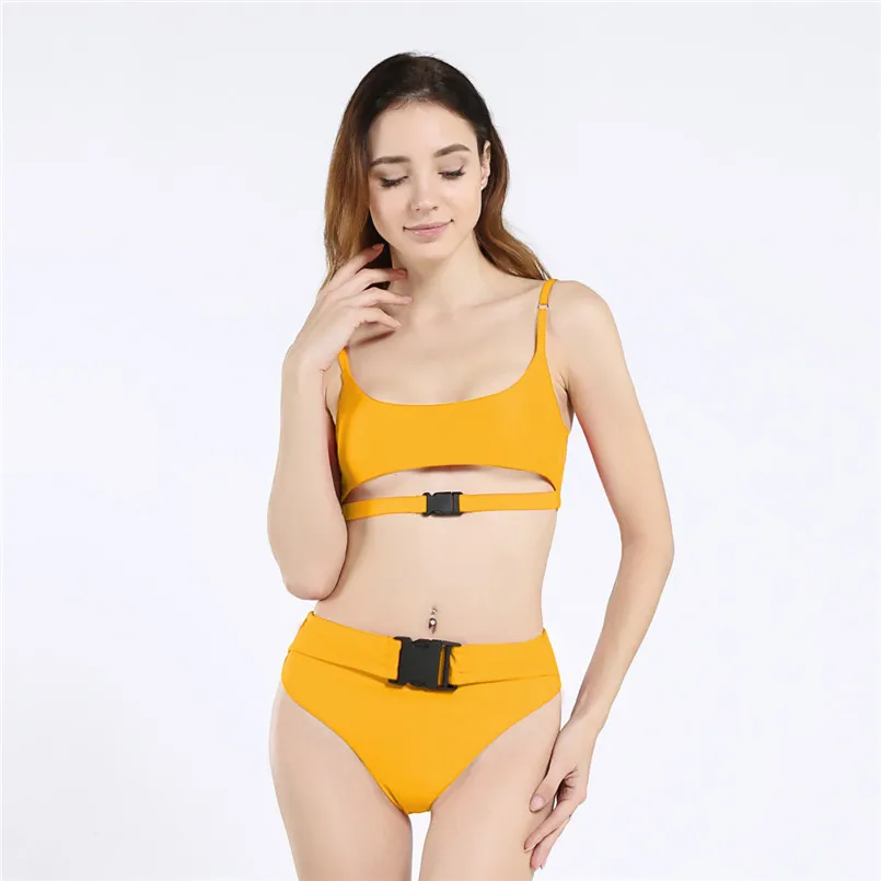 

Women's Solid Sexy Bikini Swimsuit Bag Buckles Elastic Two Pieces High Waist Beachwear Padded Push Up Vintage Sets for Ladies