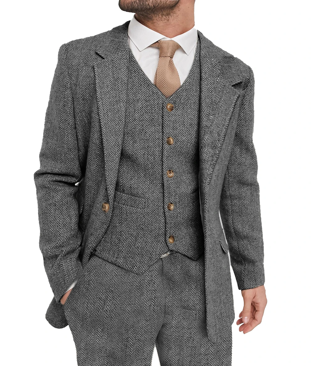 Mens Suit Grey 3 Piece Suit Hight Quality Wool Tweed Wedding Groomsmen Shawl Lapel Tuxedos Slim Fit Blazer+Pants+vest