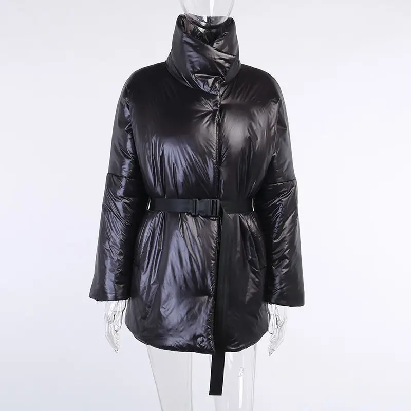 

Black Down Jacket Cropped Puffer Coat Sequins Belt High Collar Waist Woman 2020 Autumn Winter Fashion Long Sleeve Cotton Clothes