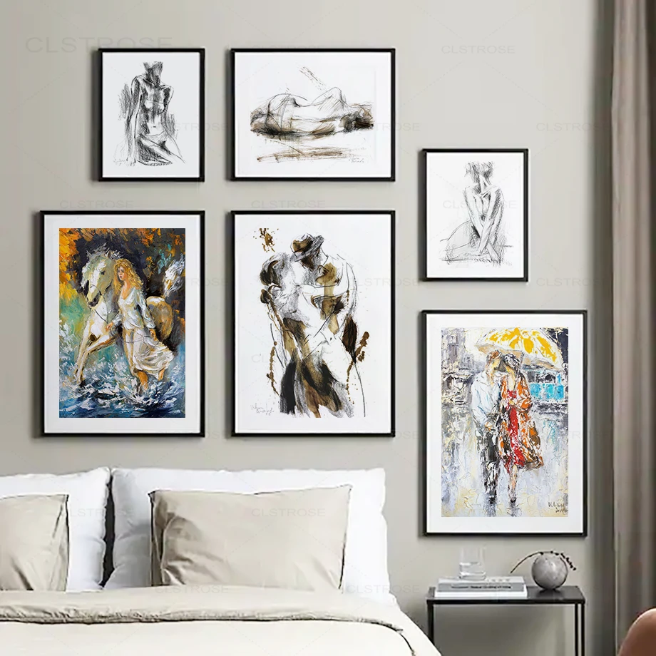 Абстрактные линии девушка лошадь Зонт настенная Картина на холсте скандинавские