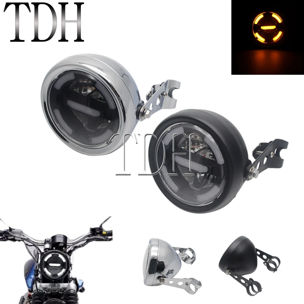 

5.75'' Universal Refit Motorcycle Headlight Lamp White/Amber LED DRL Daytime Running Light Bracket For Honda BMW Suzuki Harley