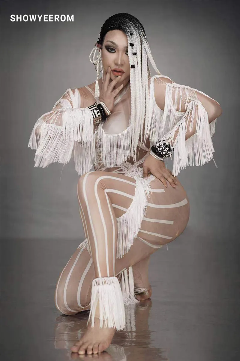 Блестящие стразы белое боди с кисточками большие Стрейчевые женские вечерние