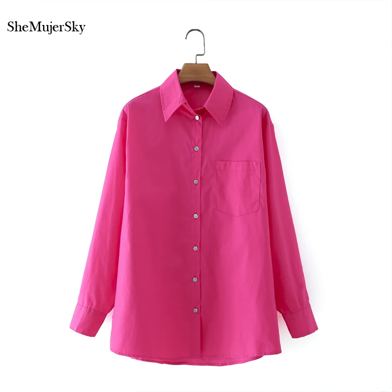 

SheMujerSky Women Long Sleeve Turn-down Collar Red Shirts 2021 Single Breasted Long Blouses Tops