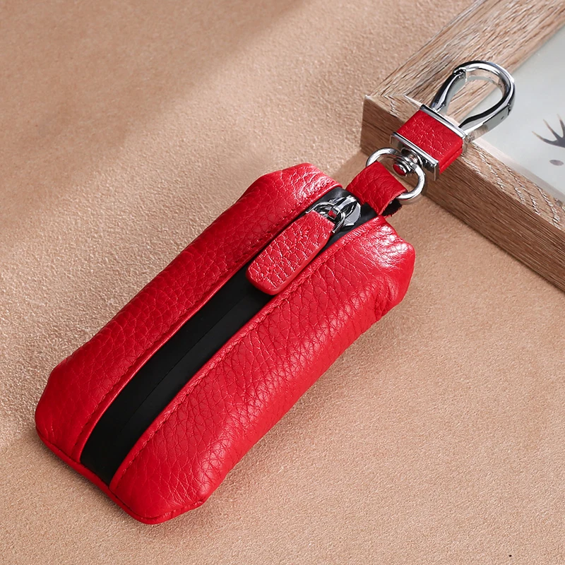 New Men Women Car Keychain Genuine Leather Wallets Coin Purse Zipper Bag Kay Case Housekeepers Purse Keychain Key Pouch images - 6