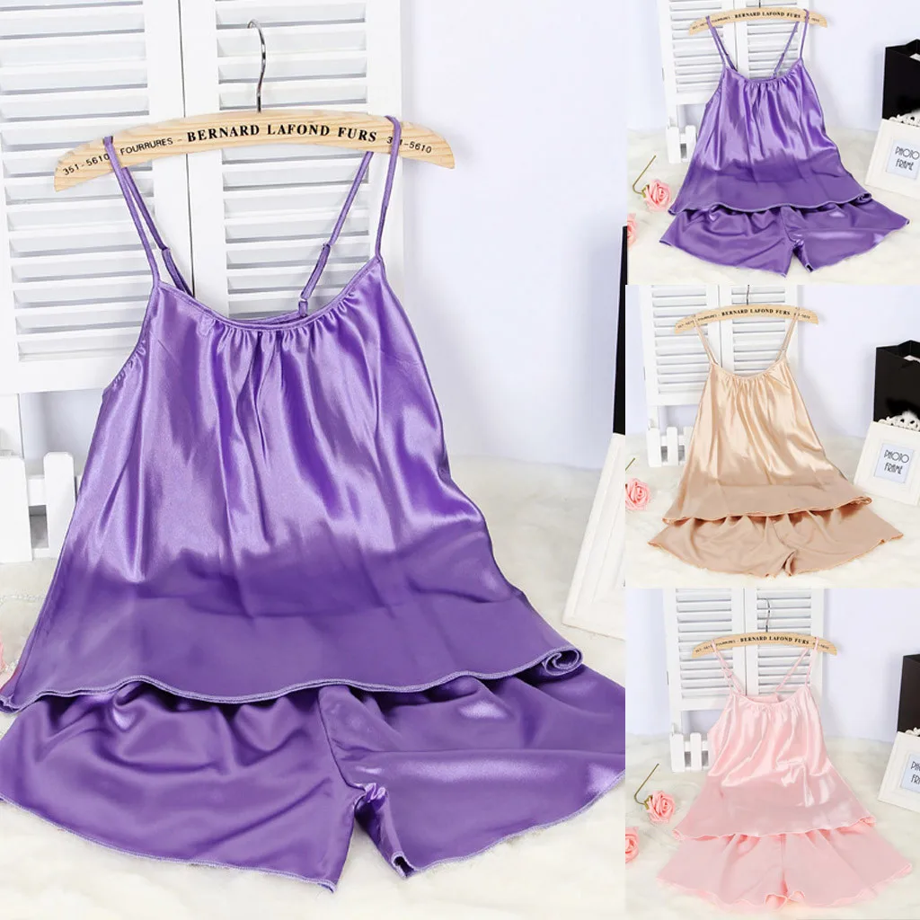 Брендовые сексуальные атласные женские пижамные комплекты на бретельках