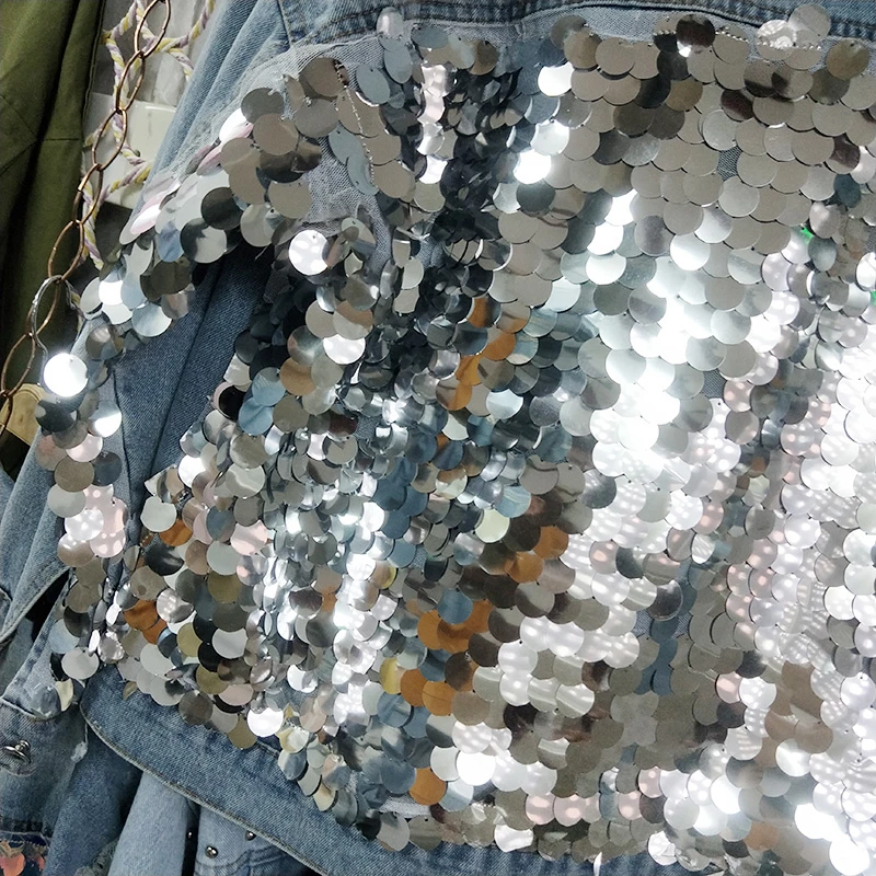 Женская джинсовая куртка с блестками синяя блестящая Куртка Свободного Покроя в