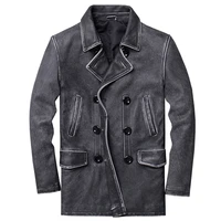 vintage cowhide mens leather trench coat long genuine leather windbreaker jackets winter streetwear european and american style