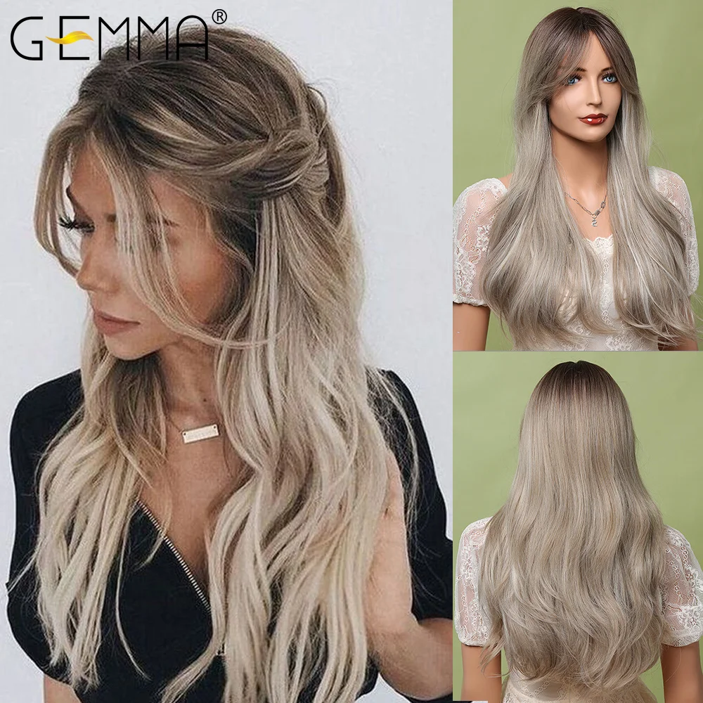 Искусственный парик Gemma женские челки Длинные волны черный коричневый серый