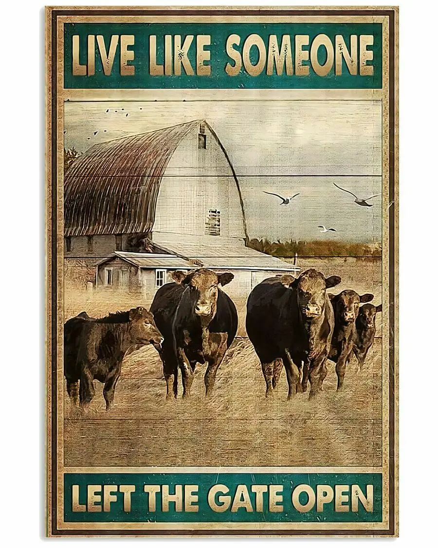 Корова живая как кто-то оставила ворота открытая металлическая жестяная вывеска