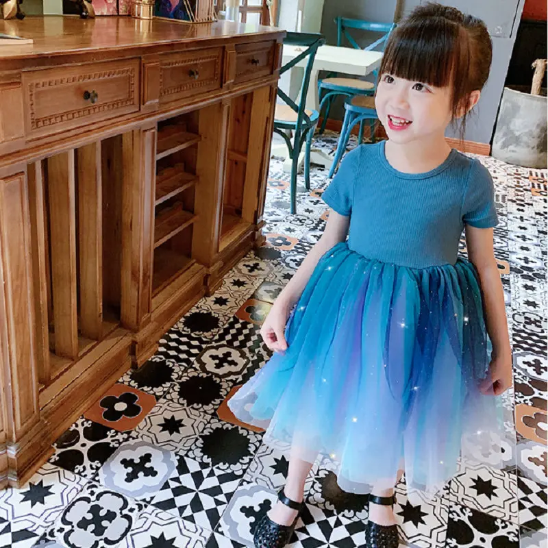 

Girls Dress Three Layers Mesh Patchwork Blue Purple Summer Princess Lace Dresses Baby Clothes 2 3 4 5 6 7 8 Years