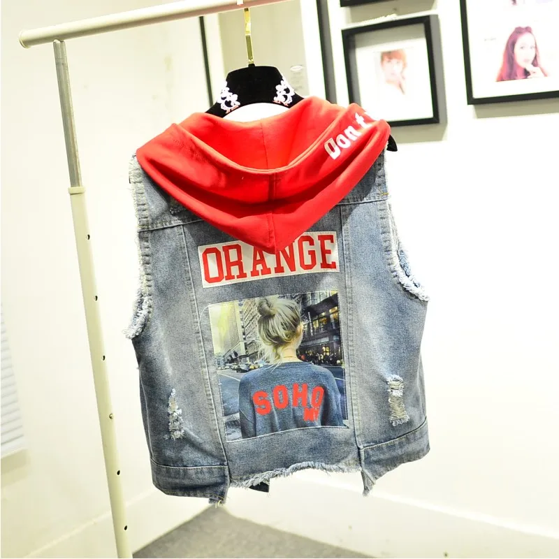 

Chic Hooded Fashion Women Vest Sleeveless Red White Female Clothing Spring and Autumn Denim Loose Slim All Match WaistcoatMJ0010