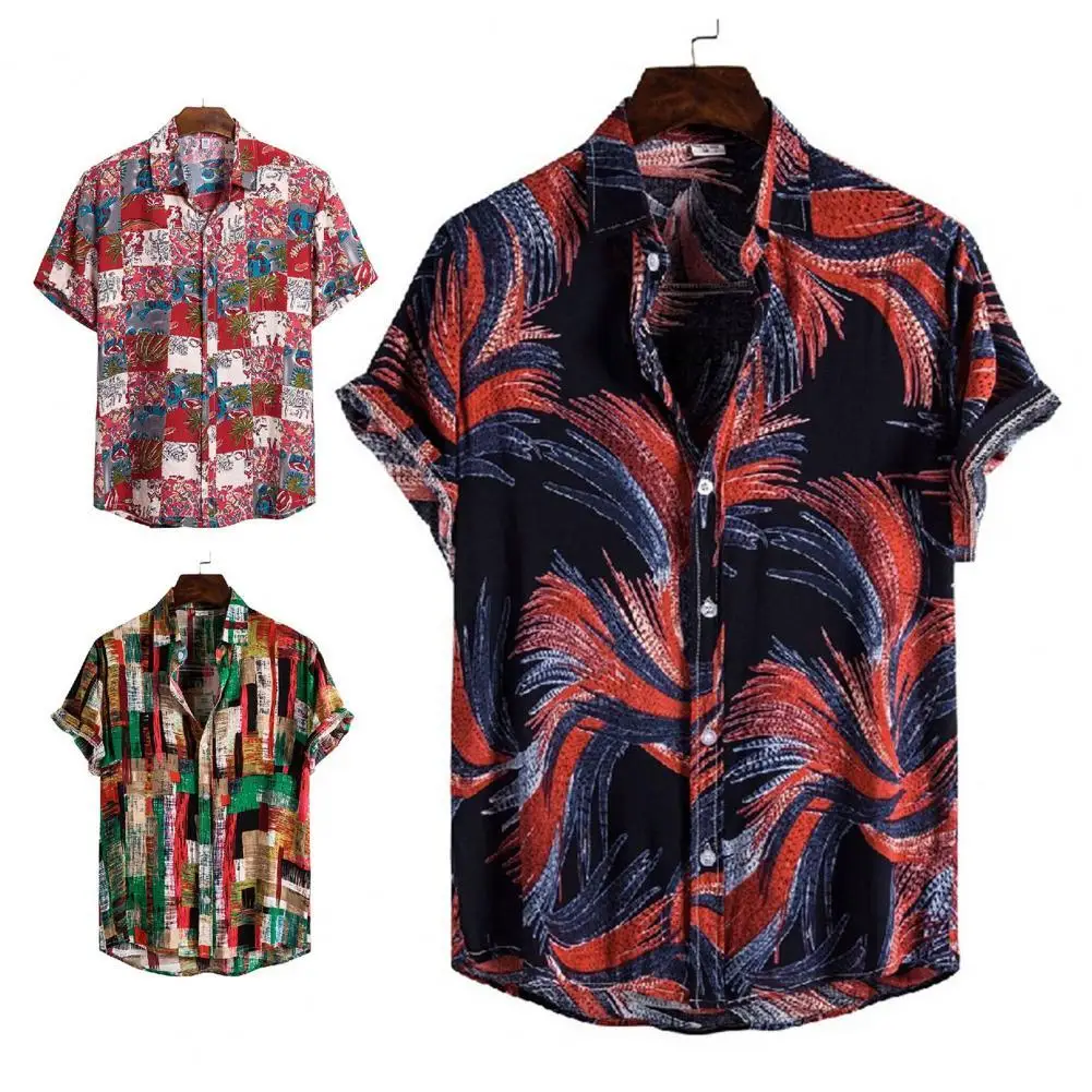 

Mens Vintage Hawaiian Shirt Printing Turn-down Collar Cotton Blend Men T-shirt Short Sleeve for Summer High Quality Blouse M-3XL