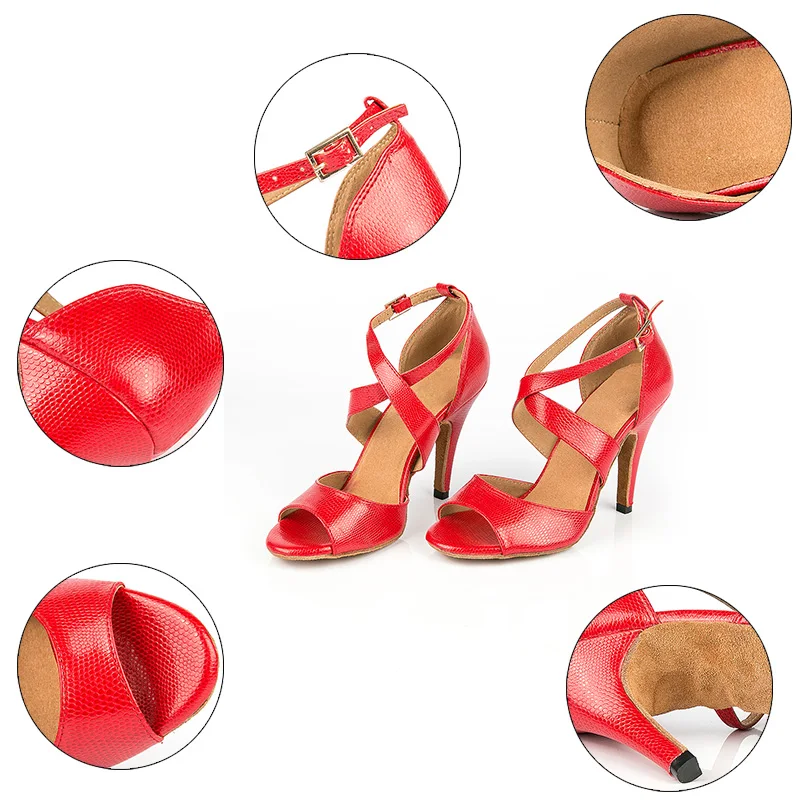 

DKZSYIM Red Latin Dance Shoes Women Ballroom Tango Shoes Girls Dance Spike Heels 10CM Party Dance Sandals Soft Suede Soles