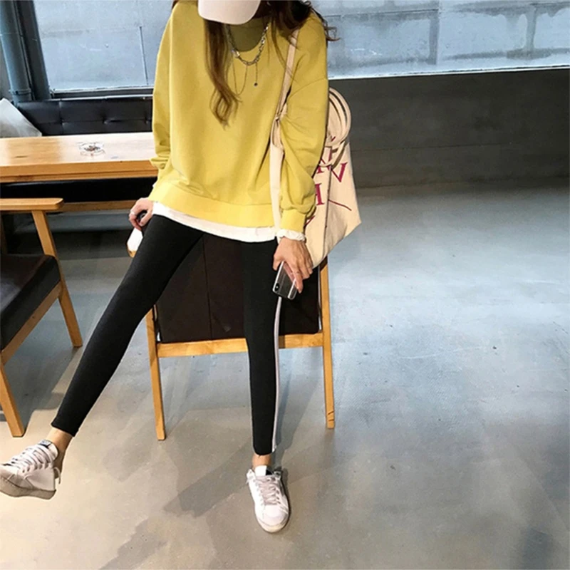 

Women Spring Autumn Long Sleeves Round Neck Fake Two Pieces Sweatshirt Solid Color Stitching Casual Pullover Irregular Side Spli