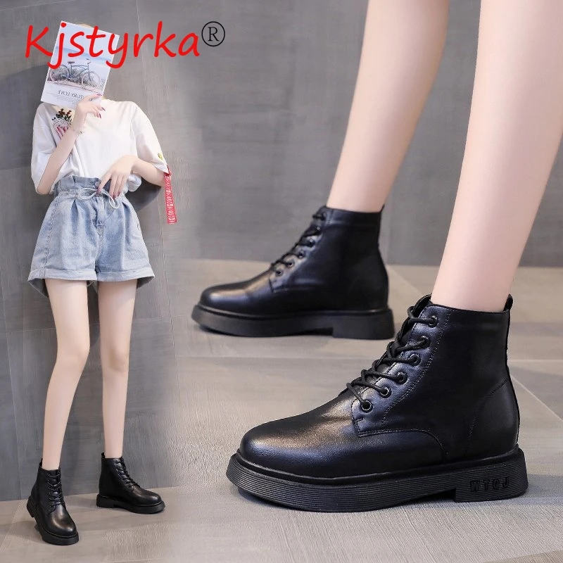 

Ankel Boots For Women Office Outdoor Women Shoes Round Toe Lace Flats Black Leather Platform Neutral Footwear Size 35-40