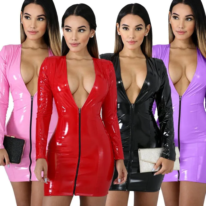 

PU Faux Leather Dress Spring Summer New Fashion Deep V Nevk Ladies Zipper Long Sleeve Leather Nightclub Women Mini Dresses 2021