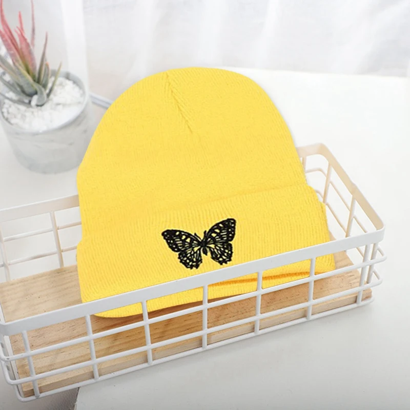 

Unisex Women Men 7 Color Beanie Butterfly Embroidery Knit Hats Bonnet Spring Warm Fashion Casual Elastic Soft Hip Hop Caps