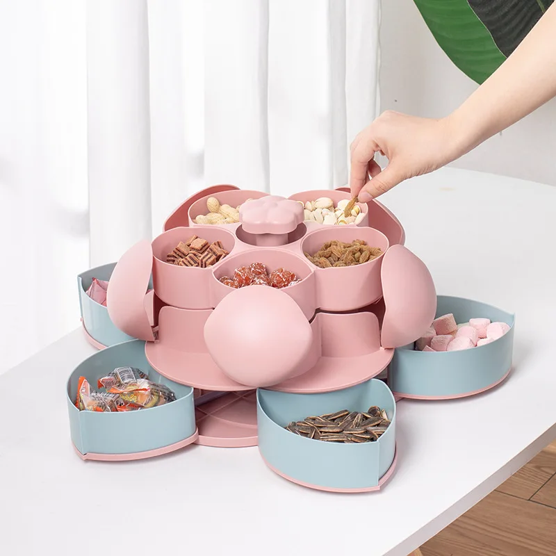 

Petal-Shape Rotating Candy Box Snack Nut Box Flower Candy Fruit Plate Food Storage Case Two-deck Dried Fruit Storage Organizer