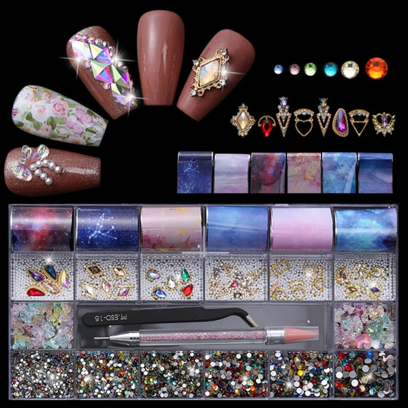 

21 Grids Nail Art Stickers Decoration Multi Shapes with Dual-ended Dotting Pen Tweezers Set DIY Nails Manicure Tool