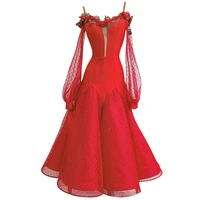 standard ballroom women latin dress red embroidered strapless waltz standard dancing dress spanish flamenco modern dress