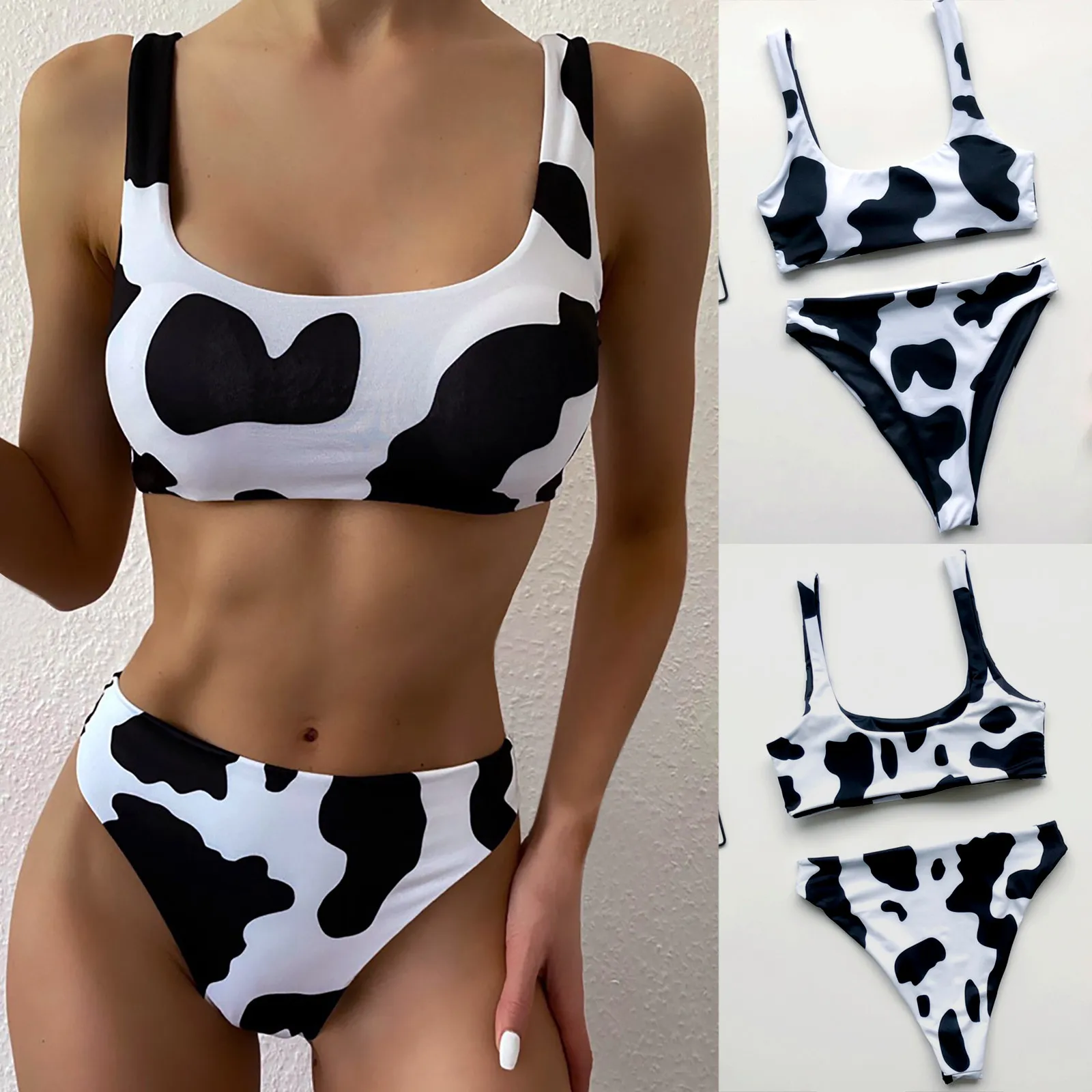 

2021 New Cow Print High Waist Bikinis Swimwear Women High Leg Bikini Set Swimsuits Spring Summer Female Swimming Suit Beachwear