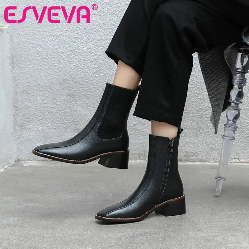 

ESVEVA 2021 Cow Leather Ankle Boots Women Boots Winter Women Shoes Square Toe High Heel Zipper Boots Size 34-39